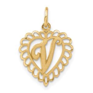 14k Yellow Gold, Grace Collection, Satin Heart Initial V Pendant, 15mm